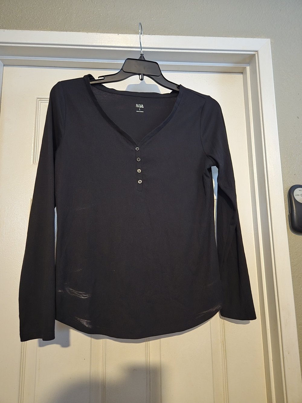 a.n.a Black Long-Sleeve Henley Top with V-Neck